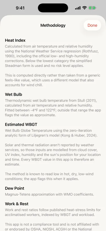 The app's methodology screen, naming the Rothfusz regression, Stull's wet bulb, the Kong and Huber WBGT model and the Magnus-Tetens dew point, and stating that radiation is modelled.